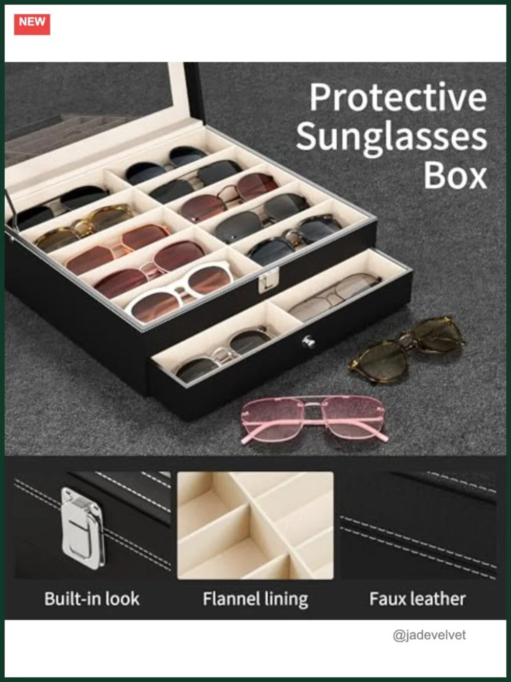 Large 20 Slot Sunglasses Organizer Box - PU Leather & Velvet